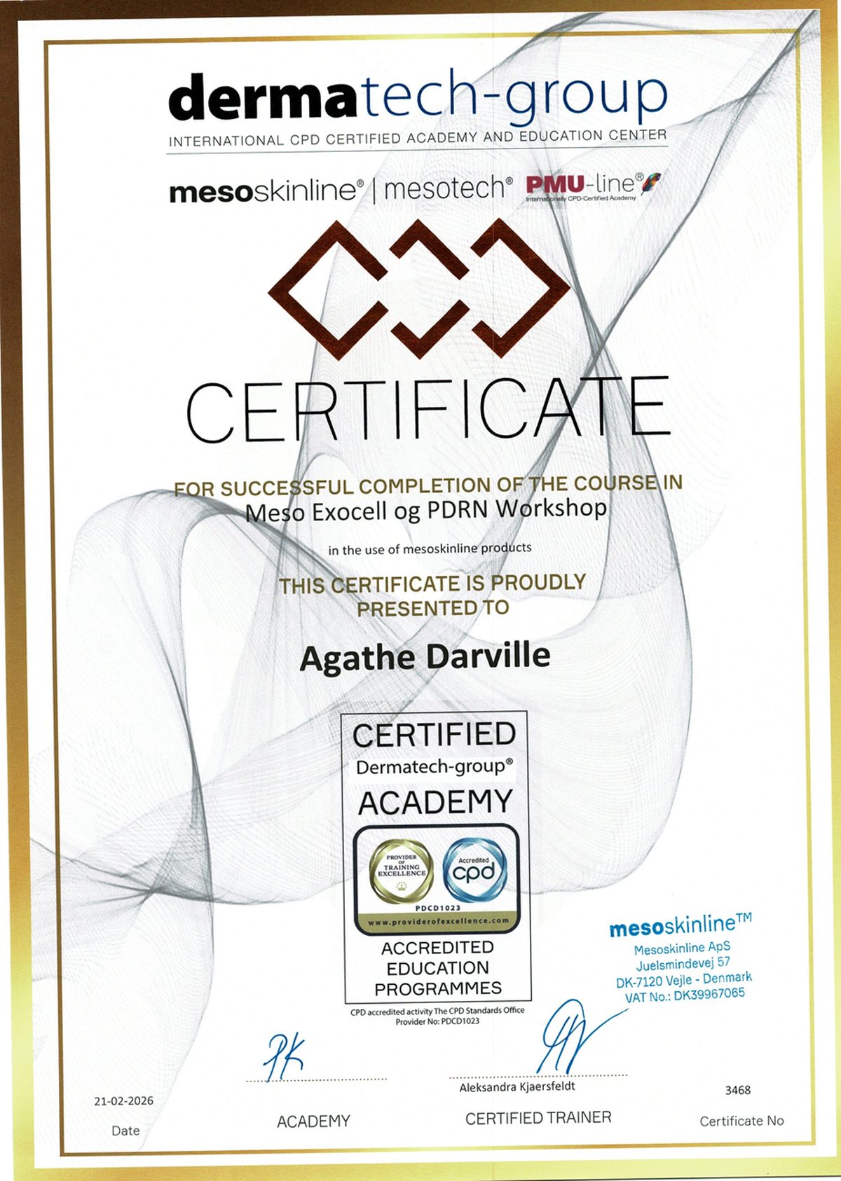 Certifikat: Meso Exocell og PDRN Workshop, dermatech-group, 2026