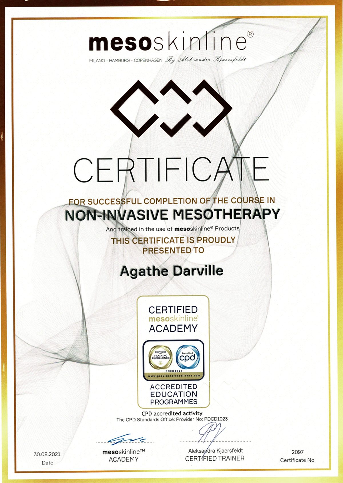 Certifikat: Non-Invasive Mesotherapy, udstedt af Mesoskinline til Agathe Darville, 2021