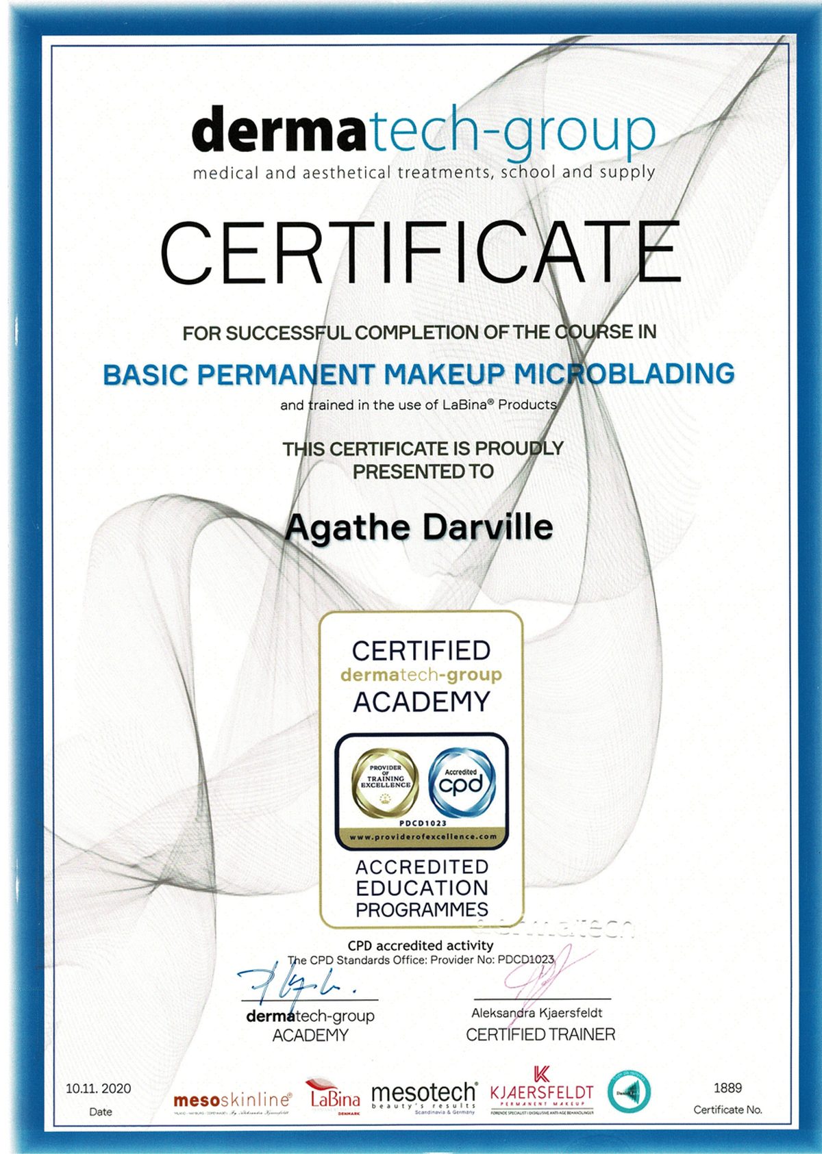 Certifikat: Basic Permanent Makeup Microblading, dermatech-group, 2020