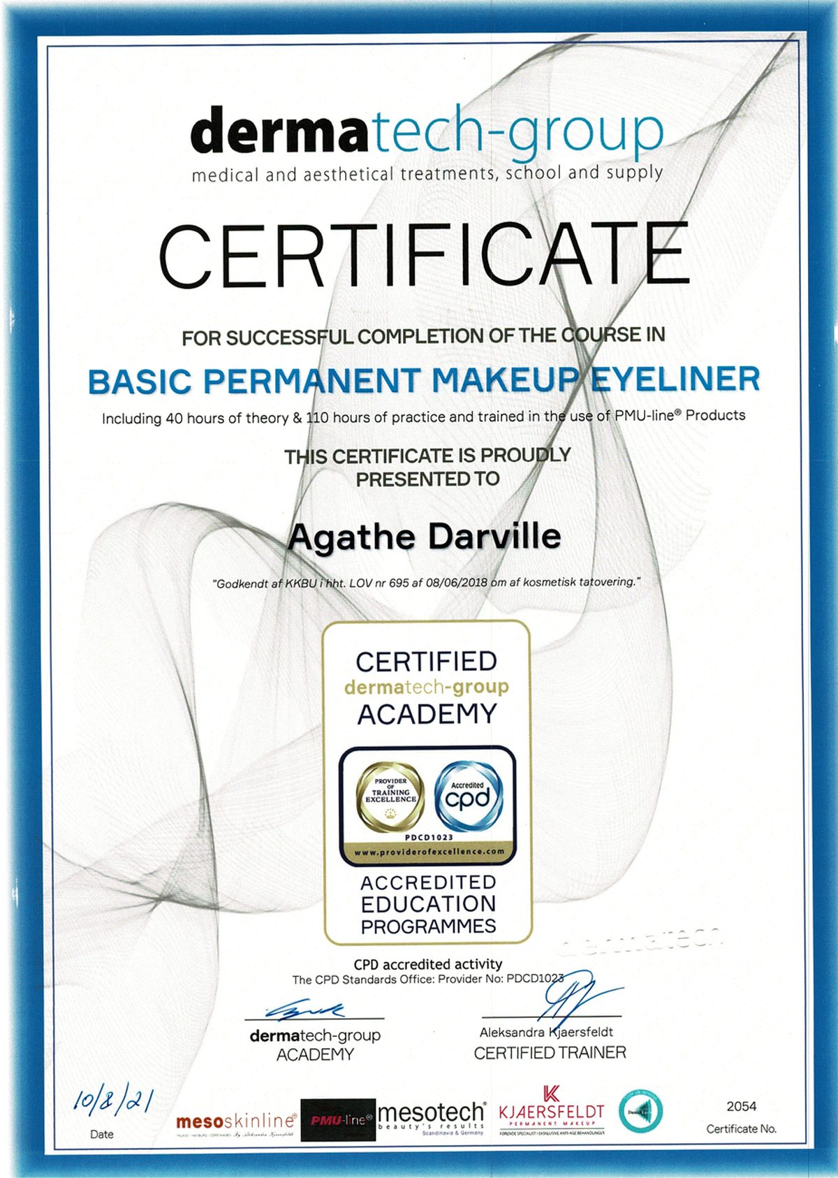 Certifikat: Basic Permanent Makeup Eyeliner, 150 timer, dermatech-group, 2021