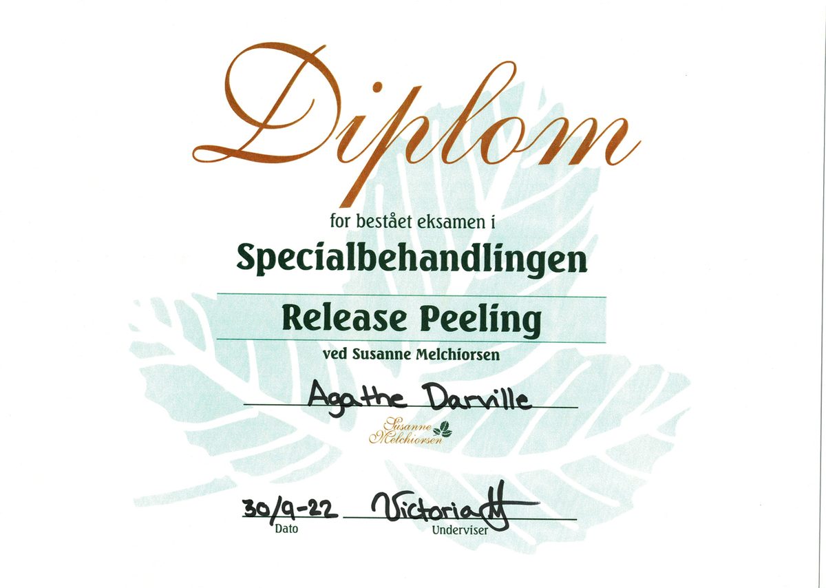 Certifikat: Release Peeling specialbehandling, Susanne Melchiorsen, 2022