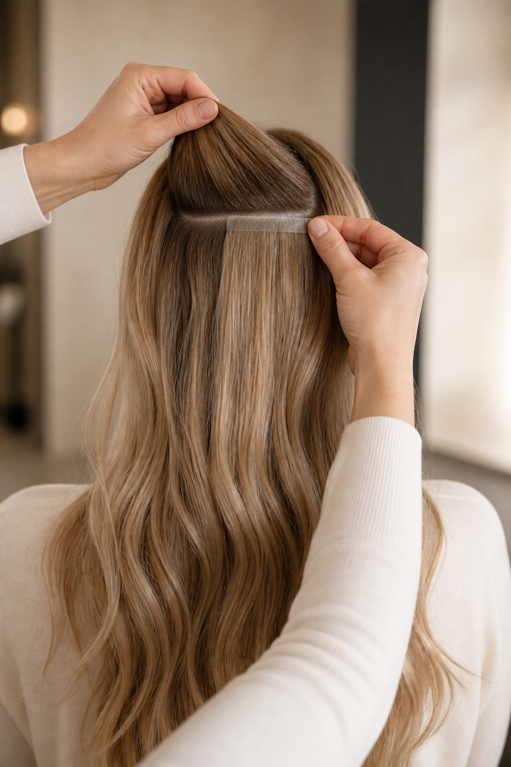 Illustrativt foto af placering af tape-in hår extensions